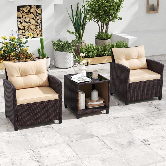 Ensemble de bistro avec coussins 3 pcs marron rotin et verre