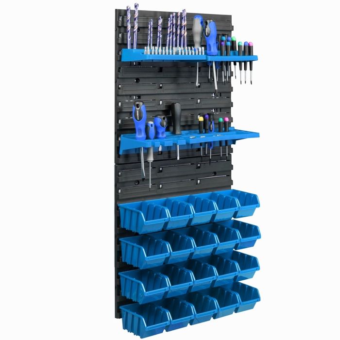 Étagère murale - BOTLE - 39 x 78 cm - 20 boîtes bleues - Rangement outils - Plastique bleu