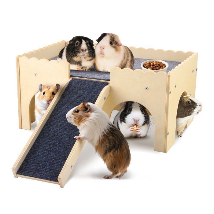 Comparer les prix de Cachette pour cochon dInde - Jouet en bois pour cochon dInde - Avec escalier et tapis - 2 animaux - Pour hamsters lapins