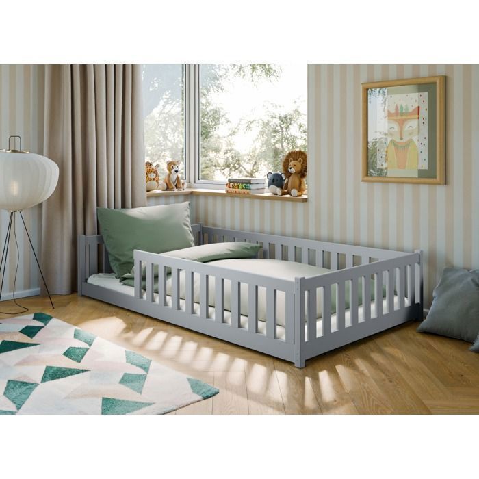 Lit au sol enfant 120x200 cm - Matelas INCLUS - Avec sommier + barrière de lit - Lit Montessori enfant - Pin massif - Gris