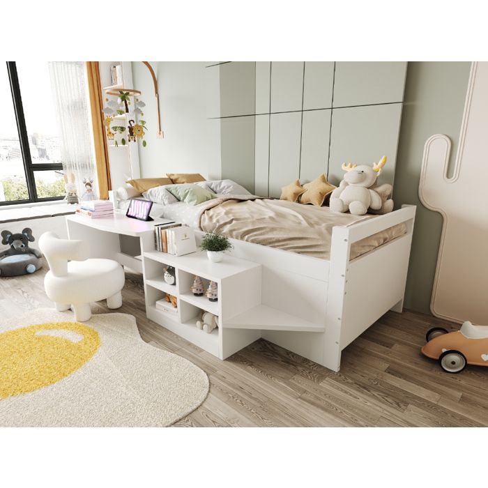 Lit enfant 90x200 cm en bois blanc avec bureau intégré rangements prises USB et marche