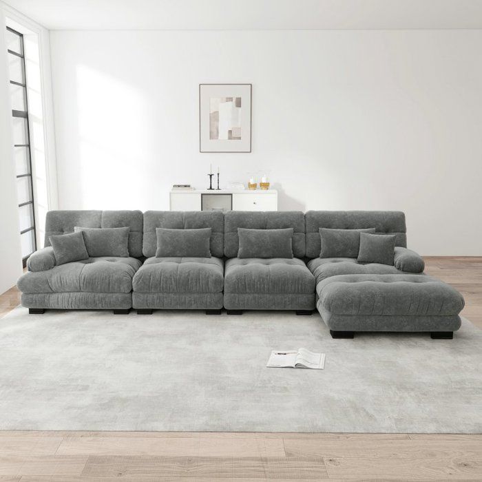 Canapé dangle modulable - LANGTU - Canapé 4 places - chenille gris - pouf amovible - accoudoirs capitonnés