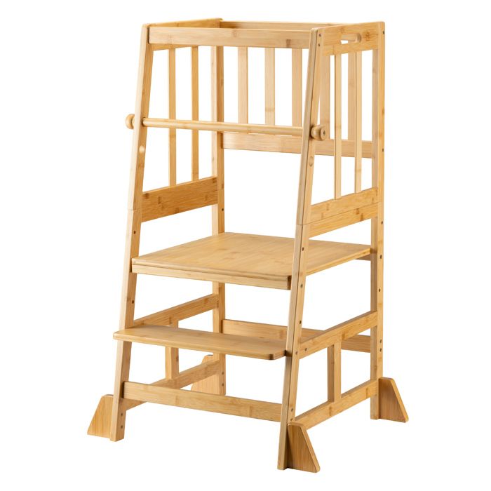 Wiltec Chaise pour enfant Tour dapprentissage 57 x 46 x 90 cm en bambou pour enfants avec garde-corps et barre de protection
