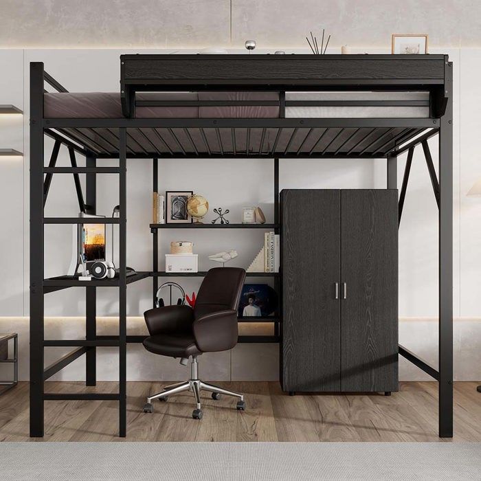 Lit mezzanine - 140 x 200 cm - bureau intégré - armoire encastrée - rangement 2 niveaux