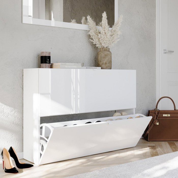 Rangement à Chaussures Lovero Dmora en Bois Mélaminé Blanc Brillant 110x25x75h cm Rangement à Chaussures Lovero Dmora en Bois Mélaminé Blanc Brillant 110x25x75h cm