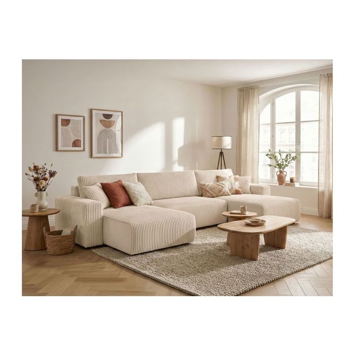 Canapé panoramique convertible 6p ALYA velours cotelé épais Beige Canapé panoramique convertible 6p ALYA velours cotelé épais Beige