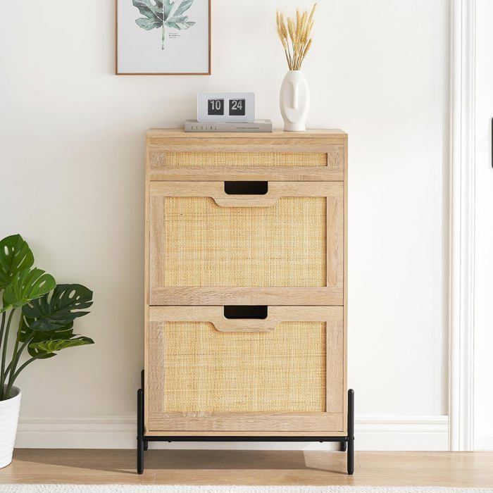 Armoire à chaussures fine en bois 2 tiroirs basculants avec panneaux en rotin Étagères réglables Rangement Design moderne bois