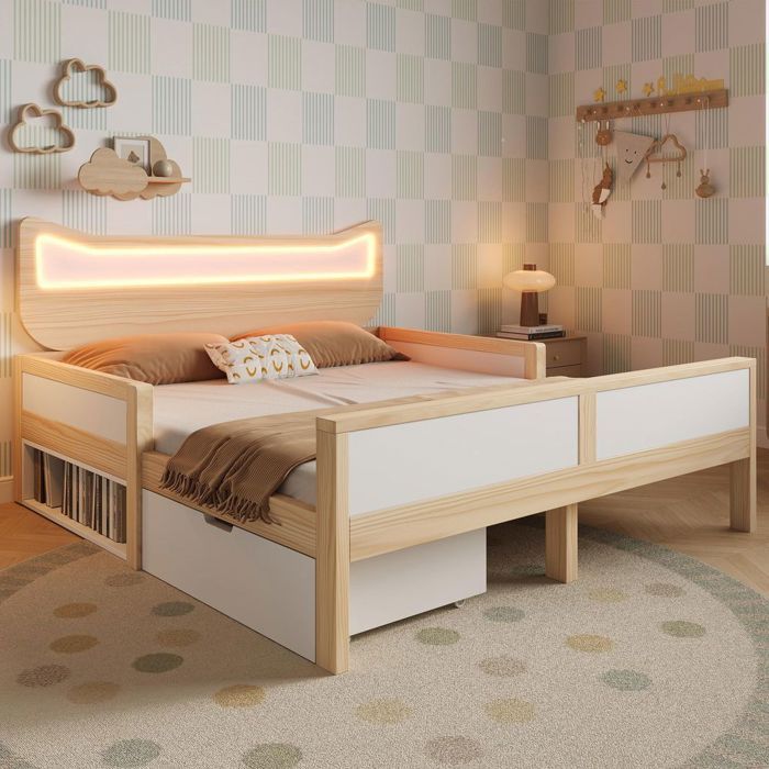 Lit enfant - 140 x 200 cm - Tête de lit chat LED RGB - Bois massif blanc/chêne - Tiroir modulable & barrières