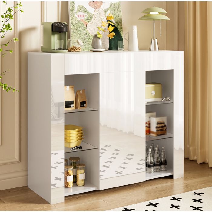 Buffet bas blanc avec étagères en verre et porte - TCQPZ - rangement moderne en panneaux de particules - 95 x 35 x 83 cm