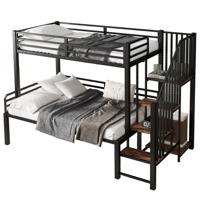 Lits Superposés-Fer Noir 90x200cm-Armoire-Angle-Échelle-Rangement-Pour Enfants-Adolescents-Sans Matelas