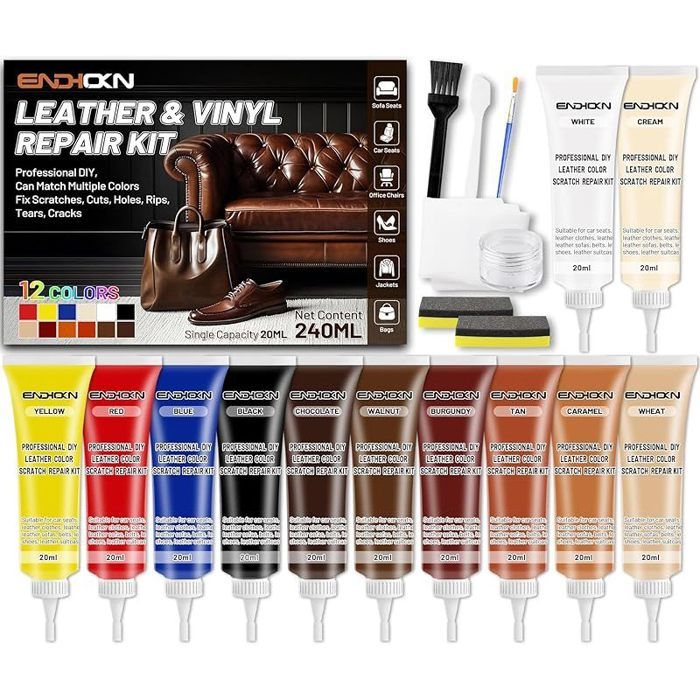 Kit Réparation Cuir 12 Couleurs Reparation Siege Cuir Sièges de Voiture Canapés Réparer Les Égratignures Coupures Déchirures