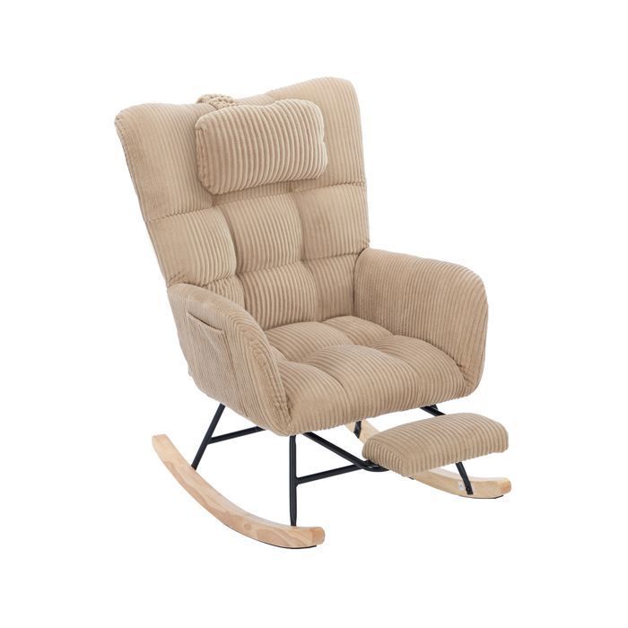 ULEVR fauteuil à bascule rembourré moderne 102 x 65 x 92 cm - dossier haut avec repose jambes escamotable marron velours côtelé