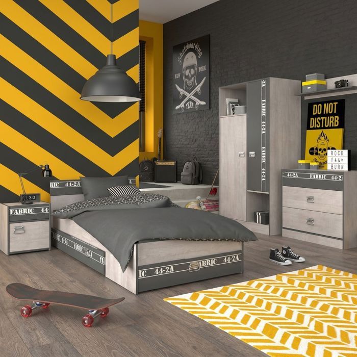 Chambre lit 90x200 avec tiroirs + 1 chevet + 1 armoire + 1 commode aspect bois grisé - ZIGGY Chambre lit 90x200 avec tiroirs + 1 chevet + 1 armoire + 1 commode aspect bois grisé - ZIGGY