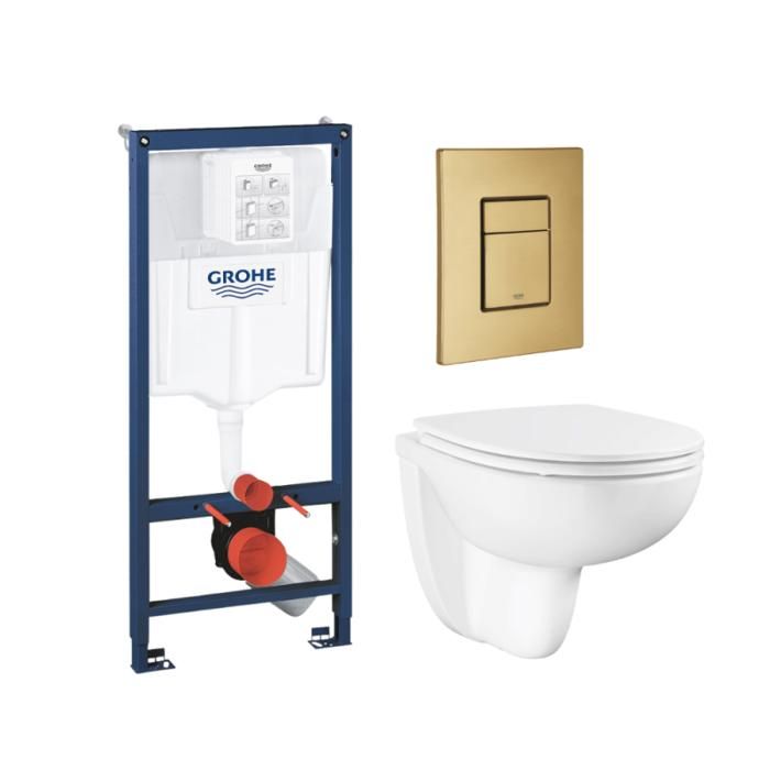 Pack WC suspendu GROHE sans bride caréné + Abattant Bau Ceramic + Bâti support mur porteur + Plaque commande Cool Sunrise