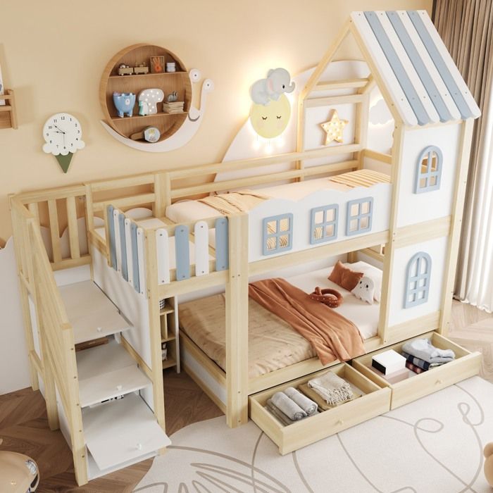 Lit superposé enfant 90x200 cm avec barrière toit fenêtres échelle de rangement étagères tiroirs lit en bois lit double blanc