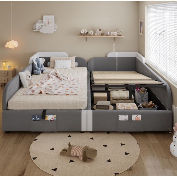 WUVRIE Lit enfant combiné 90 x 200 cm x2 avec rangement hydraulique velours gris et blanc barrière souple