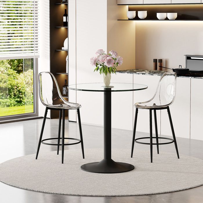 Ensemble Bar En Verre Transparent Noir Table Haute Ronde FloraGrace Pour Cuisine Et Salle A Manger Facile A Assembler 89x89x92cm