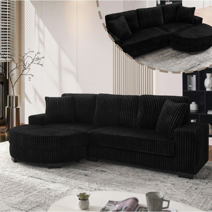 Canapé dangle modulable 4 places réversible avec pouf ovale et 2 coussins velours côtelé noir - UVRION
