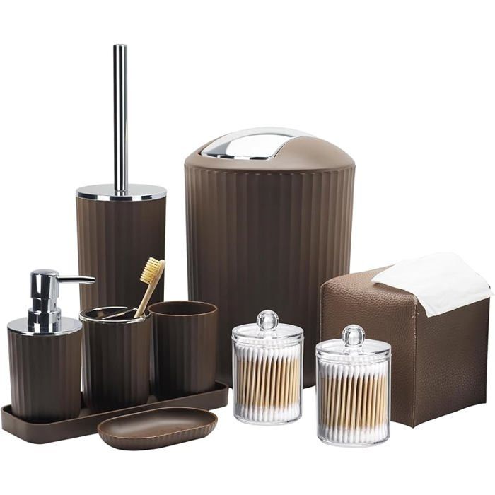 Ensemble accessoires de Salle de Bain 10 Marron avec PoubellePorte Brosse à Dents et TasseDistribut SET ACCESSOIRES SALLE DE BAIN