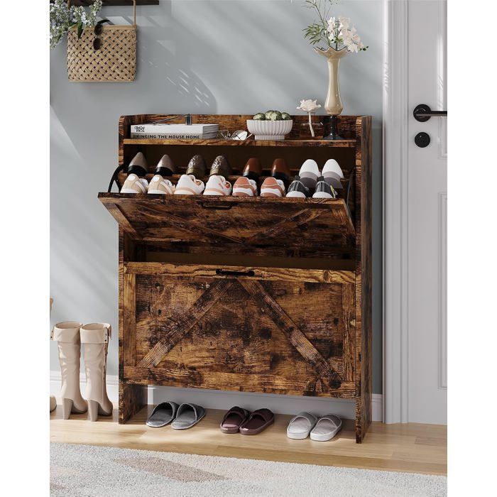 Meuble à chaussures moderne à 2 portes pliantes Style industriel pour entrée pour 12 à 16 paires Étagères réglables Pieds en métal