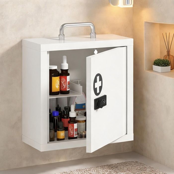 Armoire à pharmacie murale compacte en acier inoxydable avec serrure à code et deux niveaux de rangement blanc