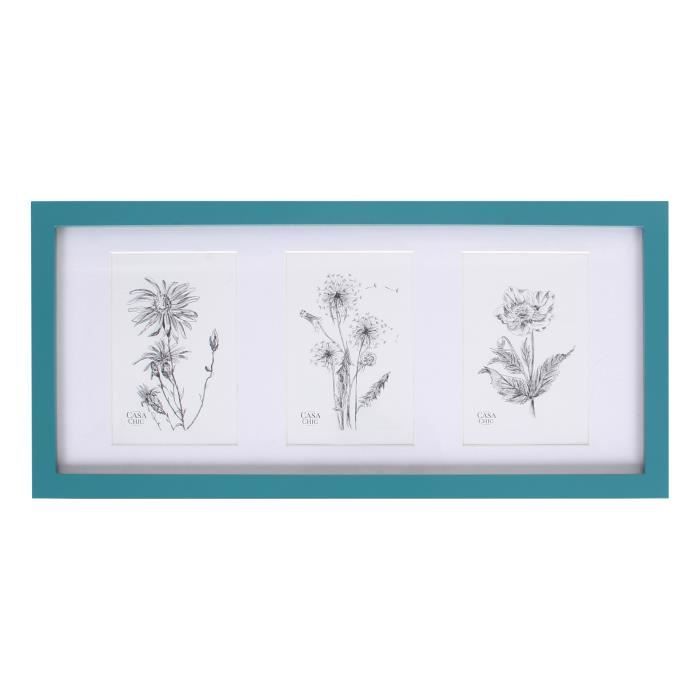 Cadre rectangulaire multi photo pour 3 Photos 10 x 15 cm Bois de Pin Massif Vitre en Plexiglas - Bleu Sarcelle