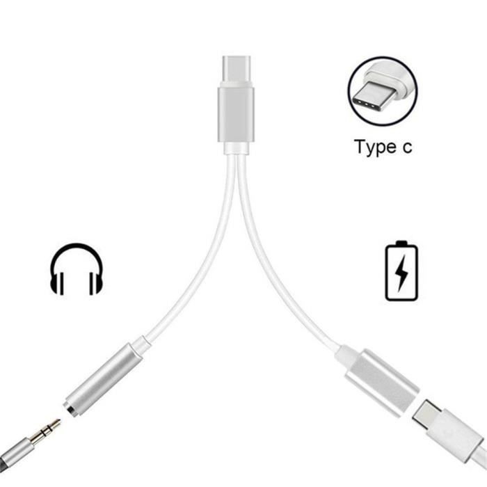 Cable Double Adaptateur port USB-C avec prise Jack 3.5 mm pour