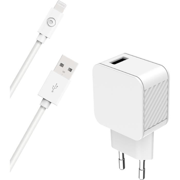 Chargeur maison 2.4A IC Smart + Câble USB A/Lightning Blanc - 100% Plastique recyclé Bigben