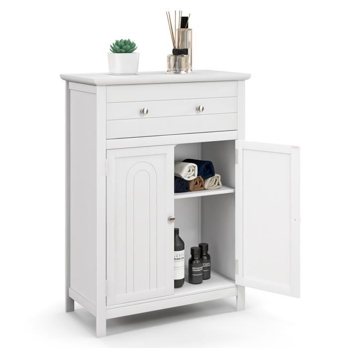 costway meuble de salle de bain armoire wc 60 x 30 x 80 cm avec tiroir portes et etagere reglable sur 3 hauteurs blanc cdiscount maison