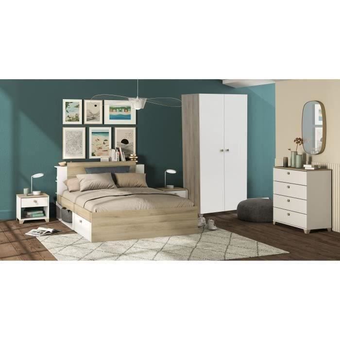 chambre complete adulte life : lit + commode + armoire - décor chene et blanc - fabriqué en france - demeyere