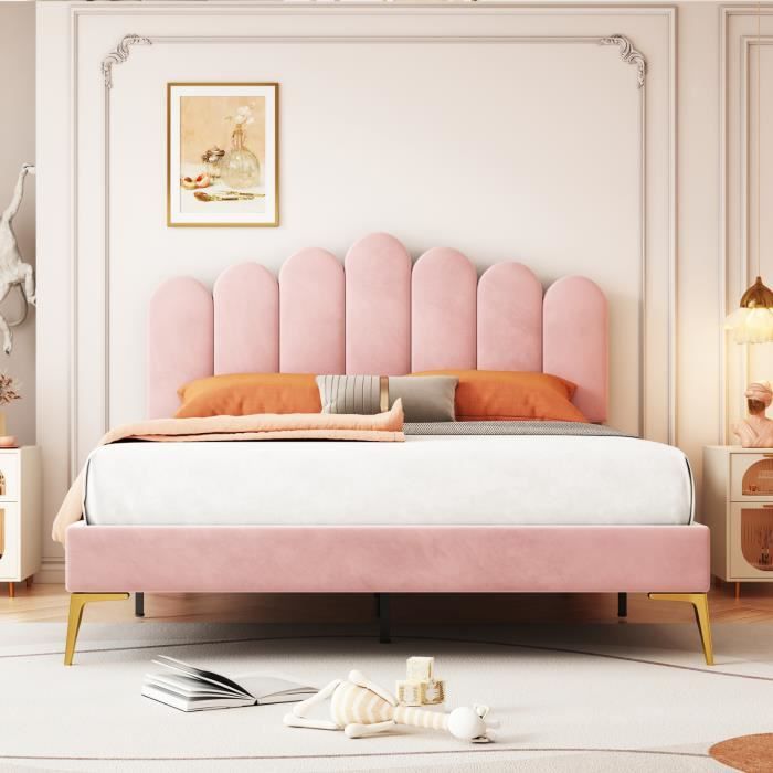 Lit adulte - DREAMMESPACE - 140x200 - velours rose - avec tête de lit et sommier à lattes