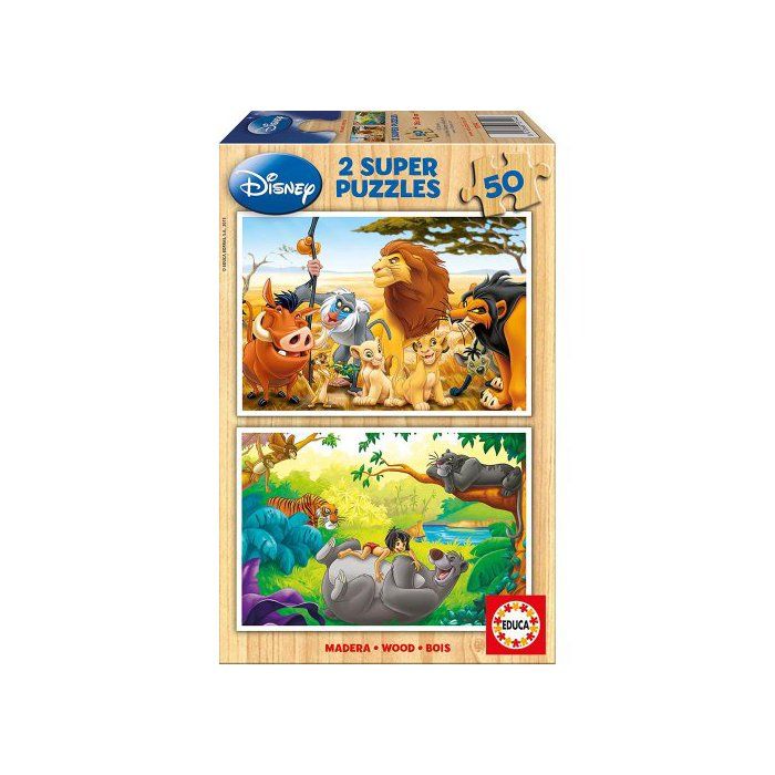 Coffret 2 Puzzles En Bois Enfant : 50 Pieces - Roi lion : Simba Nala Timon Pumbaa - Livre De la Jungle Baloo