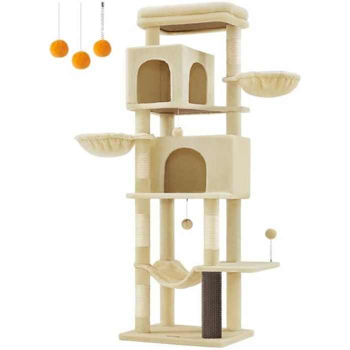 Comparer les prix de Grand Arbre à Chat, Hauteur 175 cm, avec 2 Niches, 2 Paniers, 5 Griffoirs, Toilettage Autonome, Perchoir, Hamac, Beige Sable