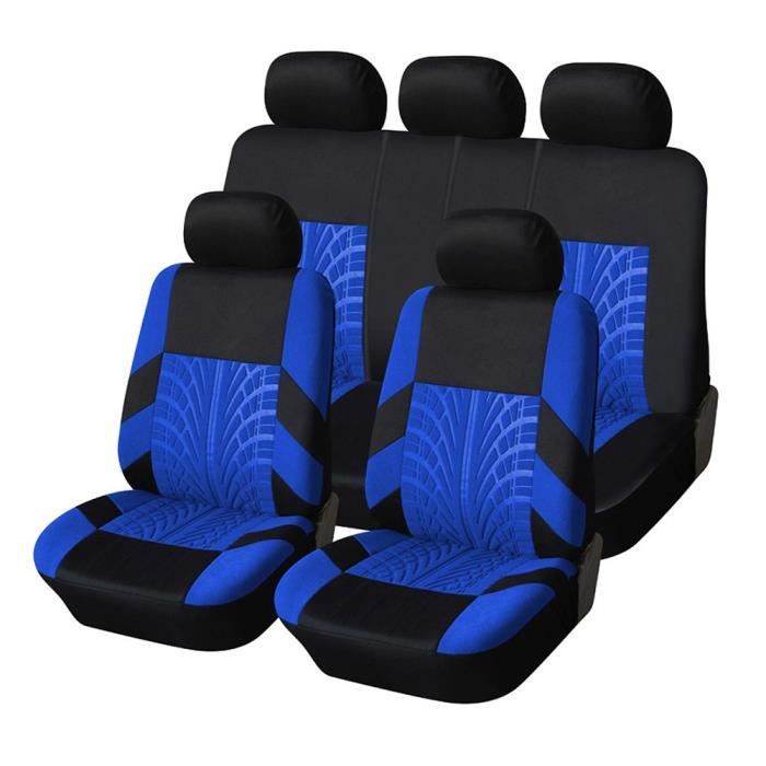 9Pcs-Housse de siège avant et arrière universelle+housses d'appui-tête-durable et confortable-Bleu et noir