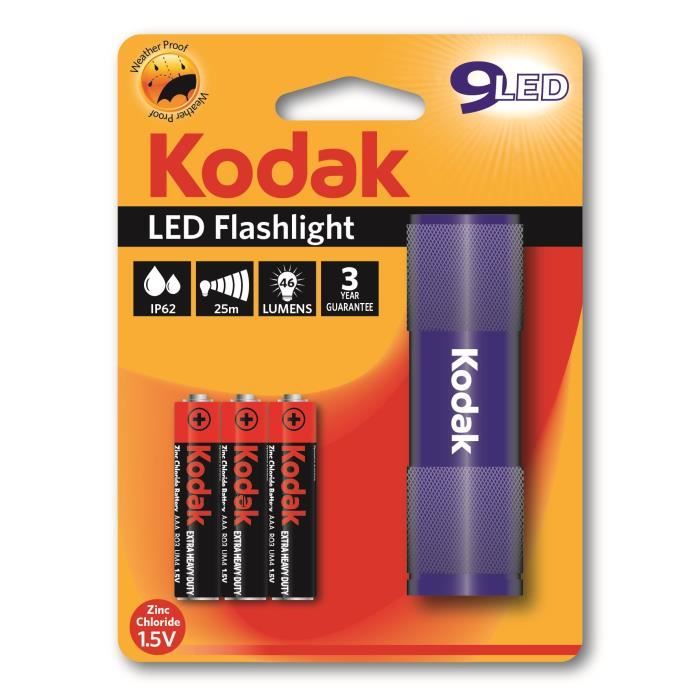 kodak lampe torche 9-led flashlight + 3 piles lr03/aaa ehd - bleu