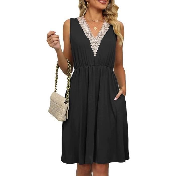 Robe D'Été Femme Sans Manches Col V - Décontractée, Avec Poches, Imprimé Floral Ou Uni