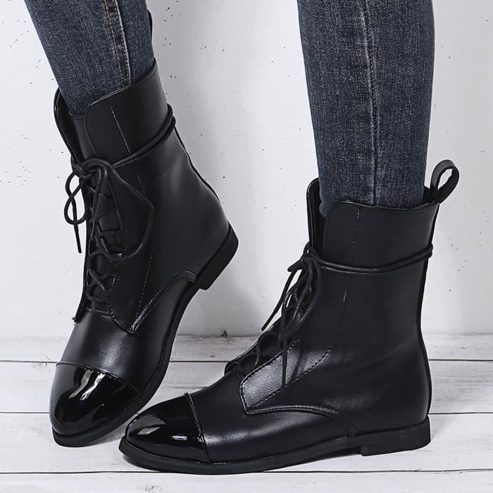 Bottines plates en dentelle a bout rond en cuir souple retro pour femmes Noir OS Noir Cdiscount Chaussures