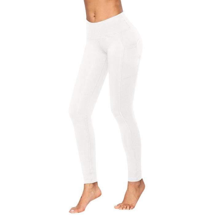 Femmes Workout Out Pocket Leggings Fitness Sports Running Yoga Athletic Pants blanc