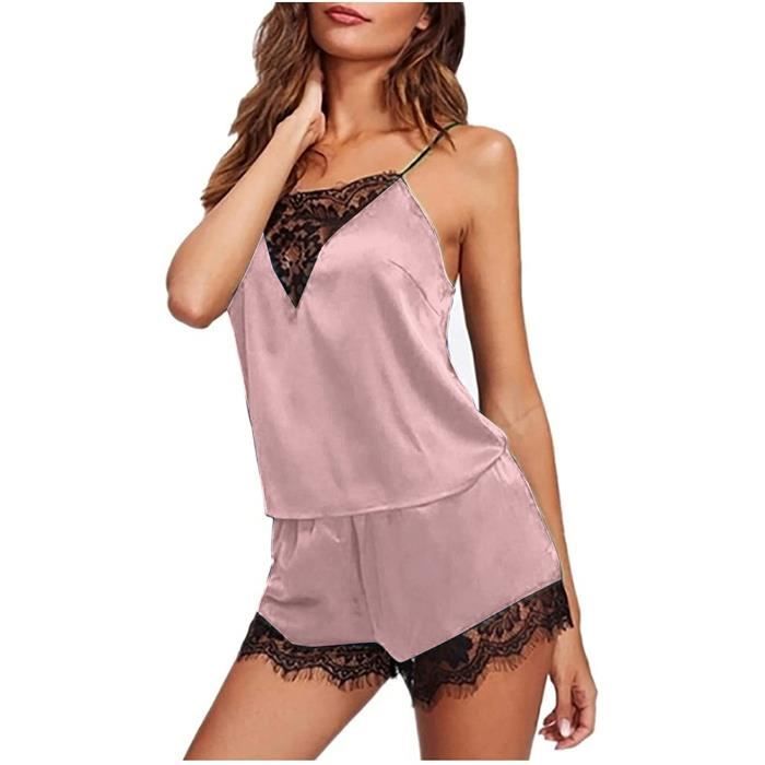 Pyjama Femme 2 Pieces Rose Confortable et Sexy Dentelle Transparente Satin de Haute Qualite