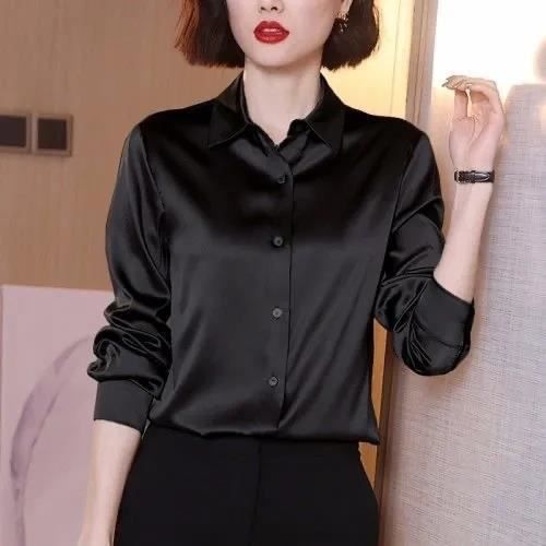 Chemise Chemise de marque de luxe pour femmes elegante boutonnee manches longues en Satin en crepe de soie pour Black 02 C8 Blanc Cdiscount Pret a Porter