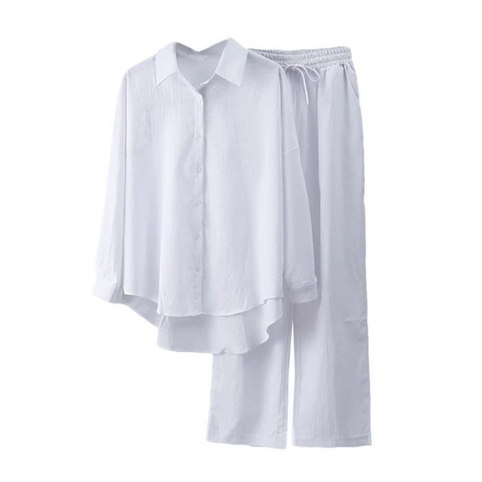 Ensemble Femme Chic Été Coton Lin 2 Pièces - Survêtement Imprimé Col Rond Manches Longues + Pantalon Lâche Respirant