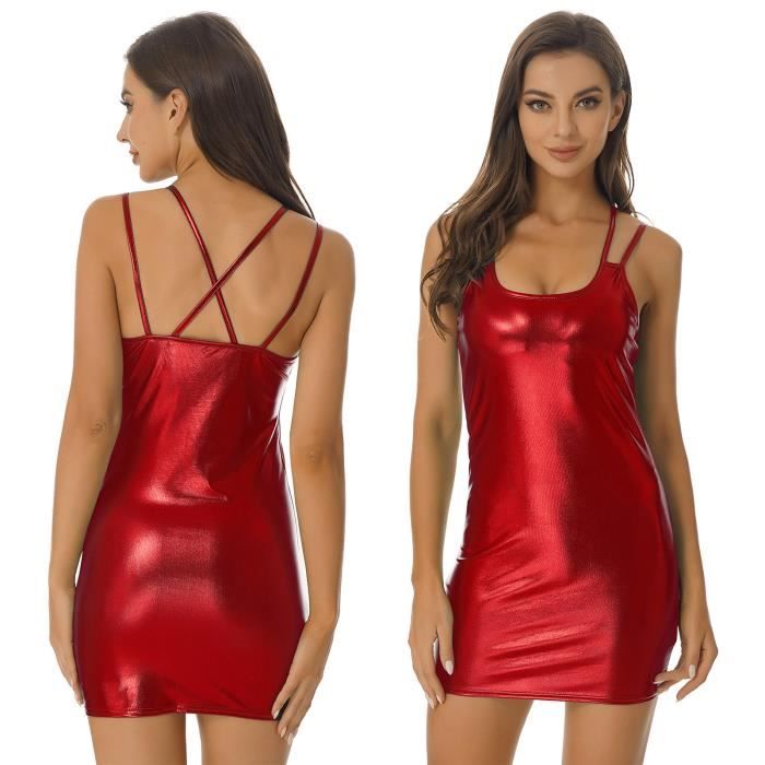 Robe Robe fourreau metallique en cuir verni pour femme robe fourreau sexy mode feminine dos entrecroise bretelles Red D676605 Blanc Cdiscount Pret a Porter