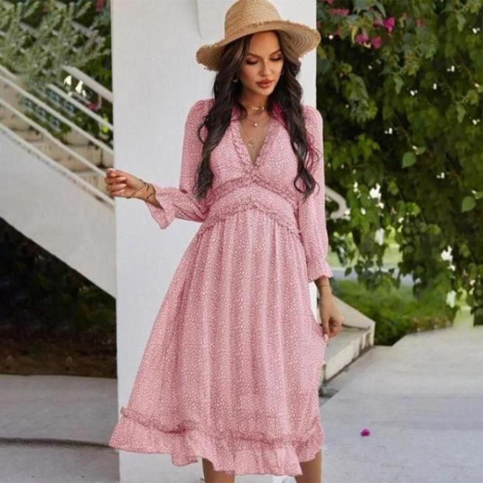Femme Robe Classique ete Mi Longue Manches Longues Fleurie a Col en V Chic de Plage Mousseline rose MR Rose Cdiscount Pret a Porter