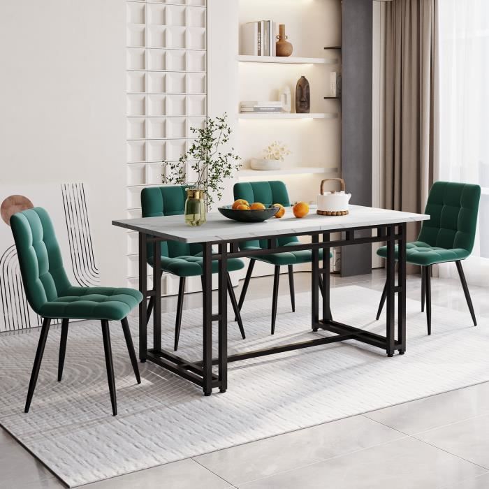 table à manger blanc 140 x 80 cm avec 4 chaises en velours vert foncé, table à pieds en fer noir