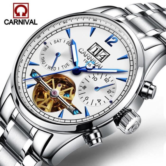 CARNIVAL Montres hommes - Montre Bracelet de marque de Luxe - Montre mécanique automatique - Acier - Étanche- Blanc - Cadeau ideal