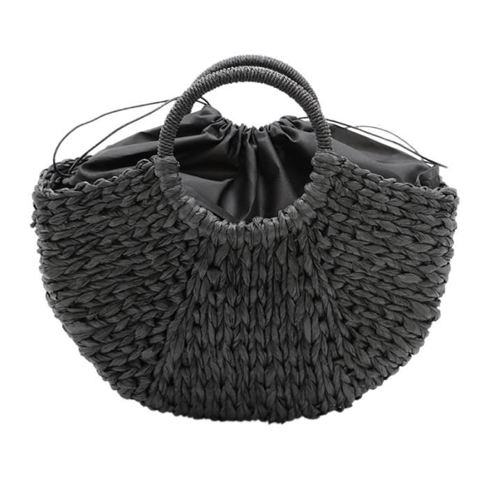 Sac de Plage Fait Main Sac en Paille Tisse Rond Grand Seau Sac D Ete Dames Panier Naturel Sac a Main Double Noir Cdiscount Bagagerie Maroquinerie
