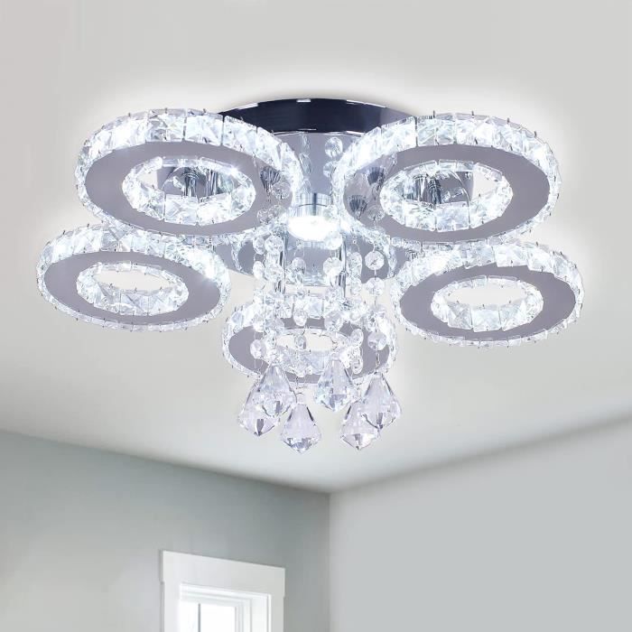 Lustre Moderne LED 5 Anneaux Cristal Acier Inoxydable - Luminaire Salon