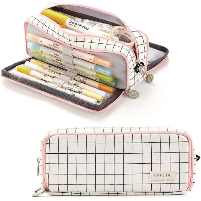 Trousse Scolaire Rose 4 Compartiments - Avec 2 Blocs Notes - Grande Capacité 22x13 Cm - 8