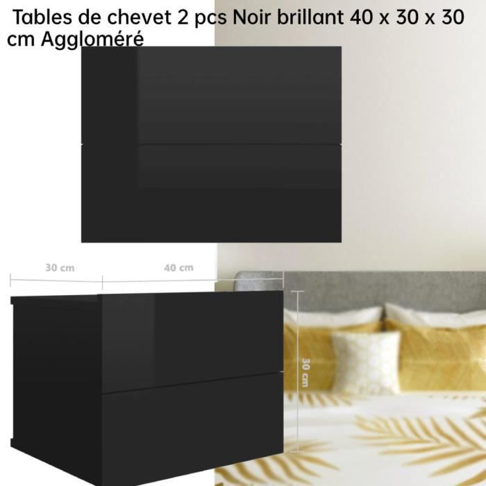 GES Tables de chevet 2 pcs Avec 2 tiroirs Noir brillant 40 x 30 x 30 cm ...