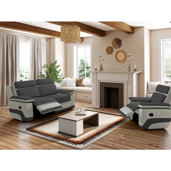 Canapé 3 places et un fauteuil relax en microfibre anthracite et bandes gris clair TALCA